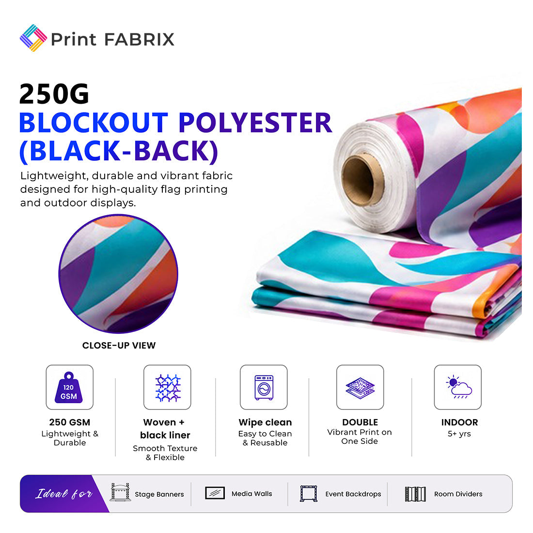 250gsm Blockout Polyester (Black-Back) fabric details