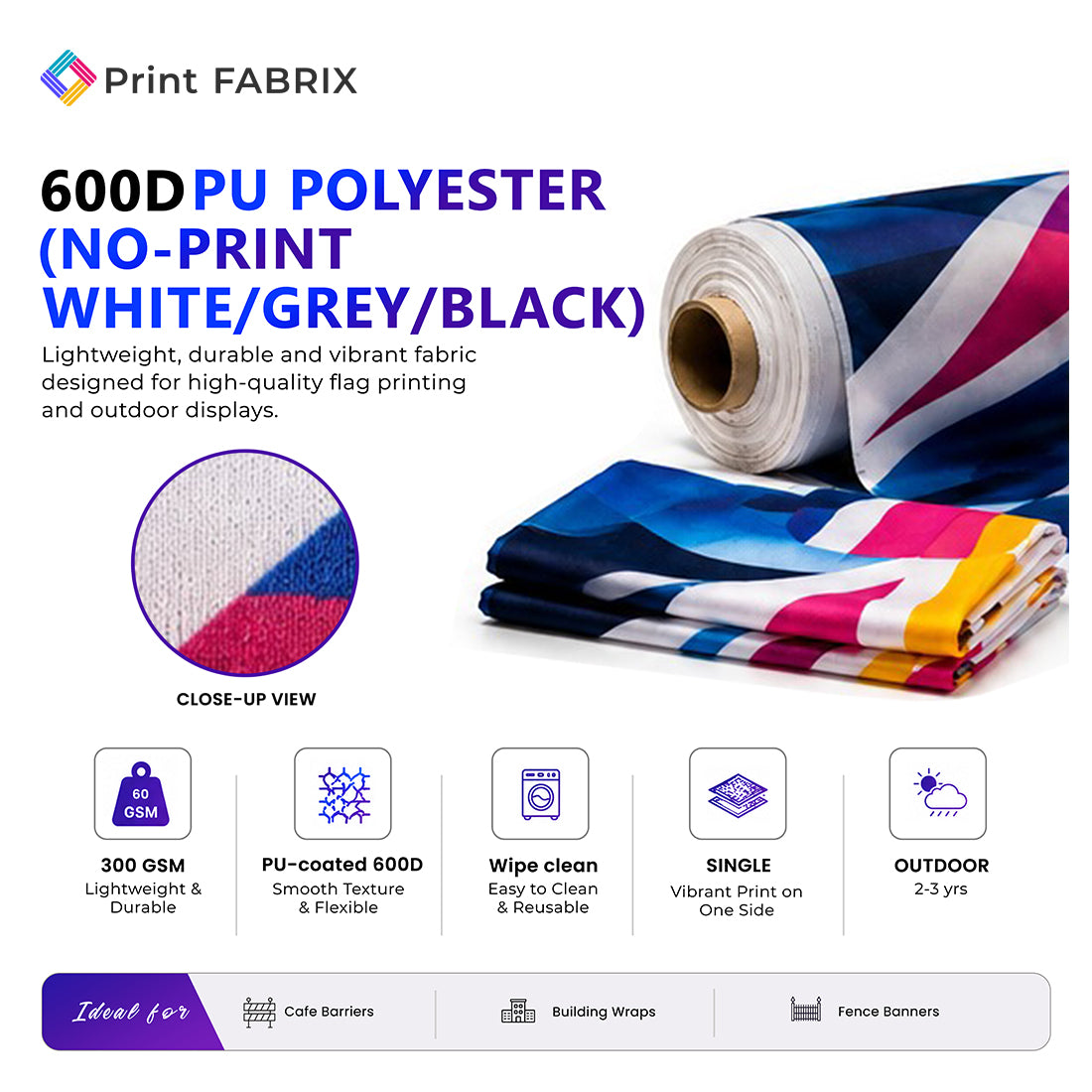 600D PU Polyester (No-Print White/Grey/Black) fabric details